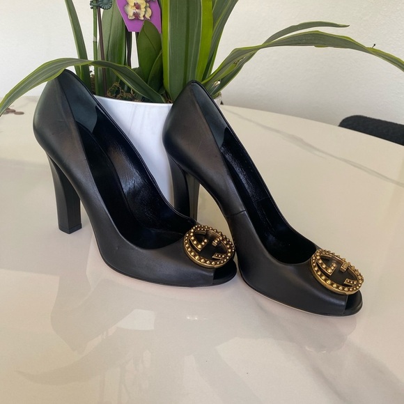 Gucci Shoes - Authentic Gucci Black Leather Peep Toe Pumps – Gold Studded GG Logo – Size 8
